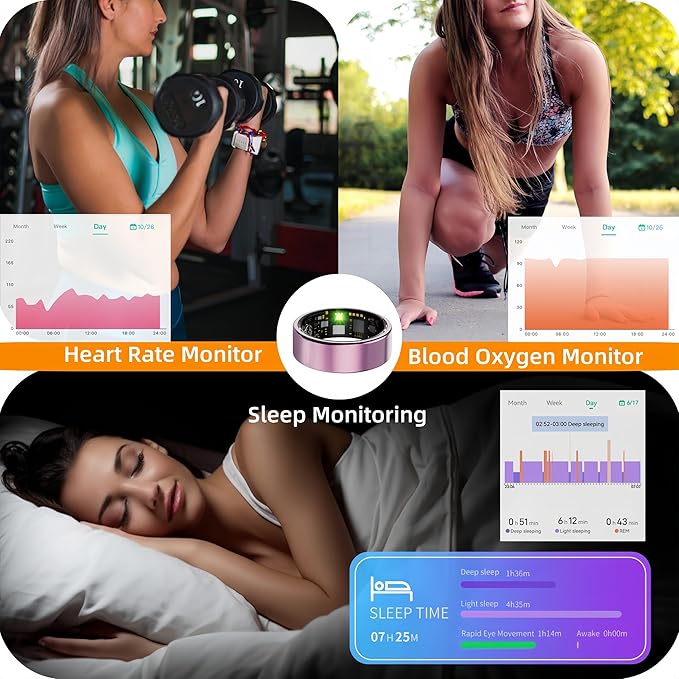 Smart Ring For Women Men, Health Tracker with Heart Rate/Blood Oxygen/Blood Pressure/Sleep Monitoring/Step Counting, IP68 Waterproof Fitness ring, No App Fees for iPhone & Android (Silver, 12#)
