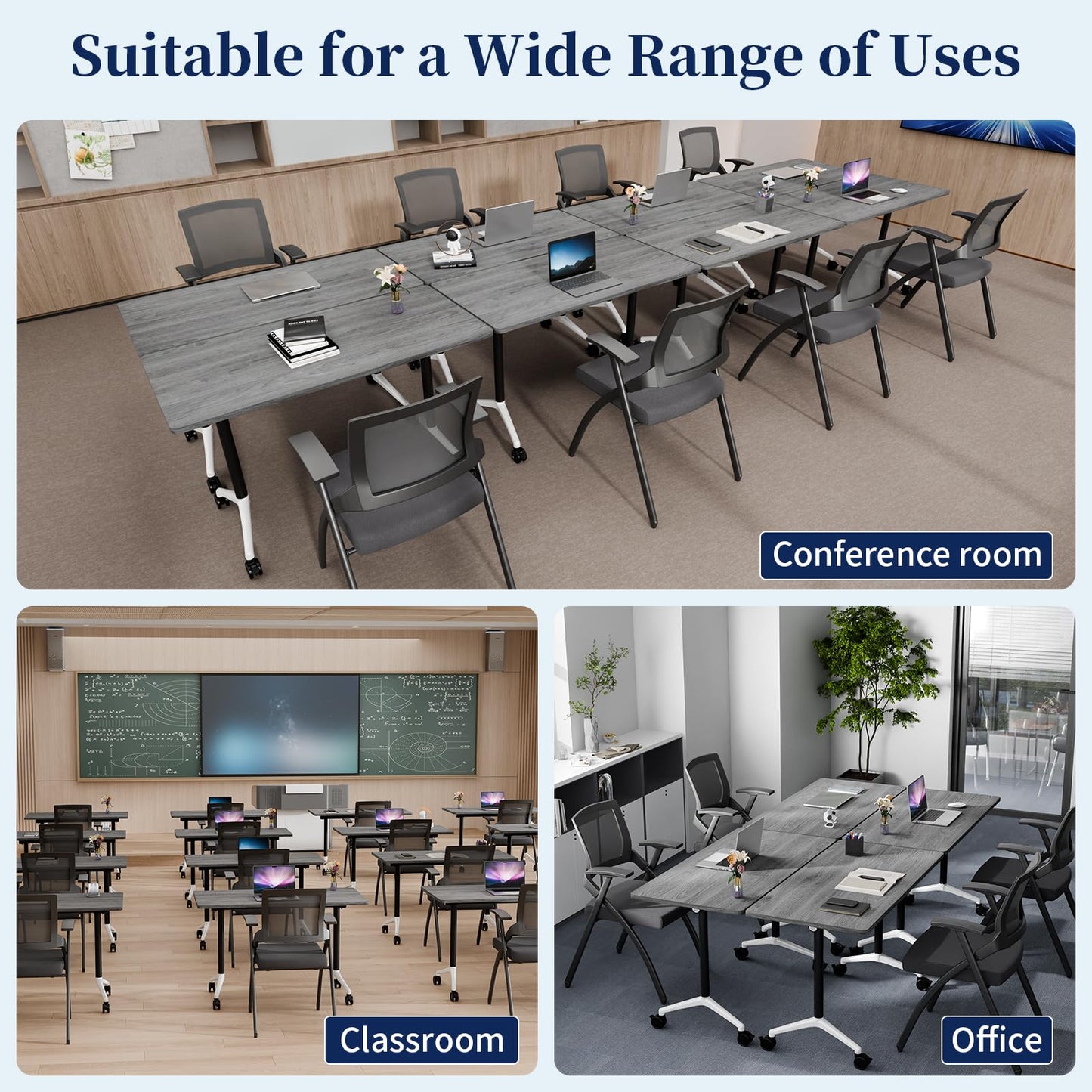 Modular Folding Conference Table with Wheels,4 Pack Mobile Conference Room Tables,Filp Top Rolling Meeting Training Tables for Office,Classroom,Library,Seminar,Boardroom,school(4pack,Grey,47in)