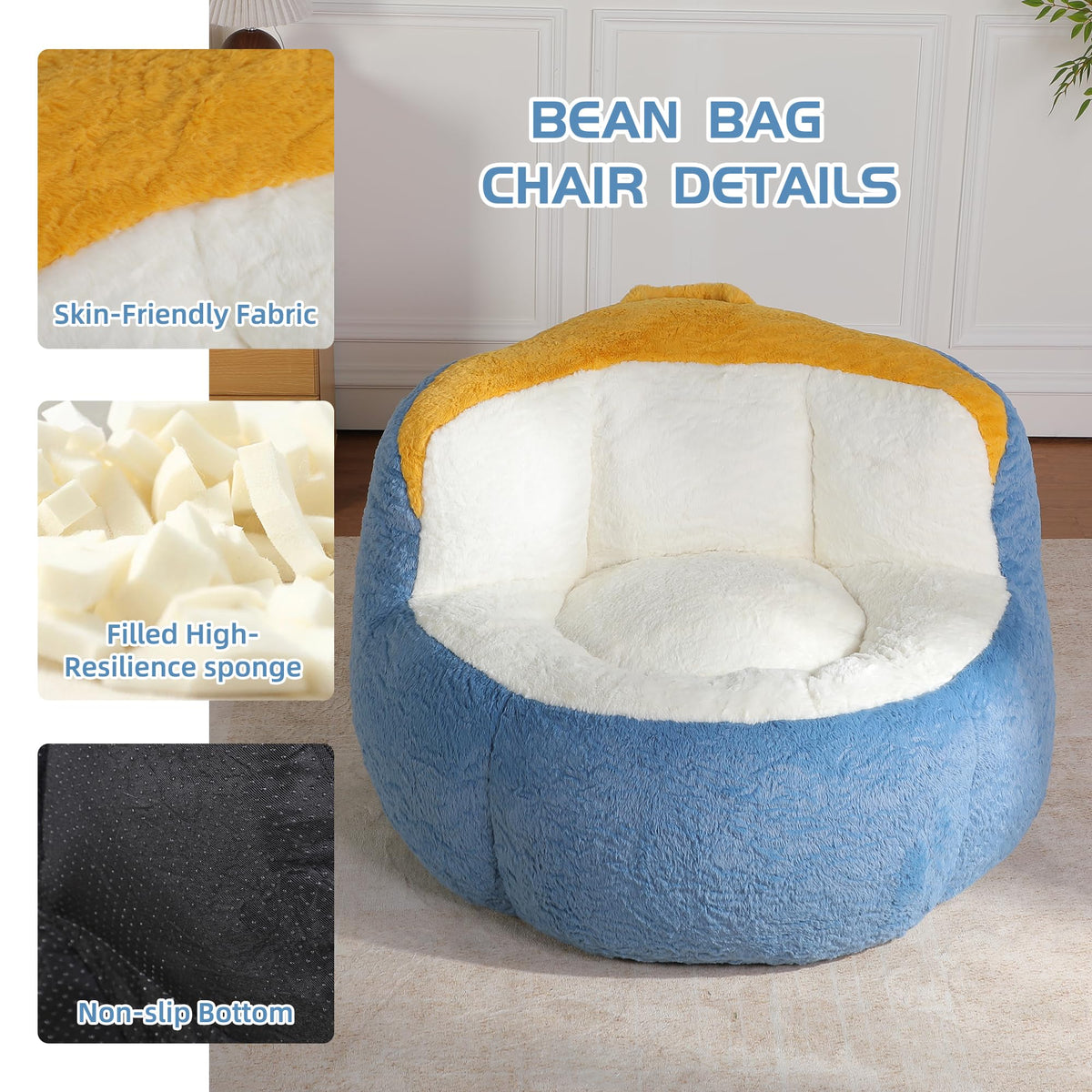 Oversized Bean Bag Chairs,Multicolor Faux Fur Couch Filled with Shredded Sponge,Large Lounger Sofa for Living Room,No Assembly Required, Blue+White+Yellow