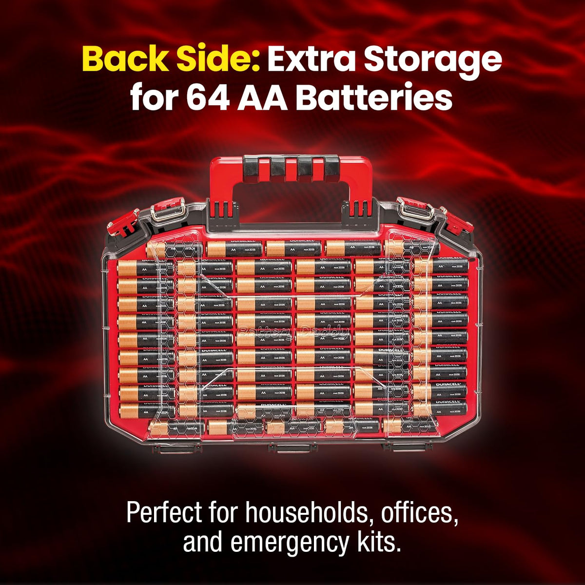Battery Daddy Storage & Organizer Case w/Light and Tester, Stores & Protects Over 200 Batteries, Double-Sided, Clear Locking Lid, Secure Latches & Portable Handle- Black (Batteries Not Included)
