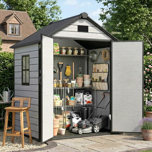 EHHLY Outdoor Storage Shed 6x4.4 FT, Resin Shed with Floor, Window & Vents, Waterproof Plastic Shed with Lockable Door for Backyard, Patio, Lawn, Gray