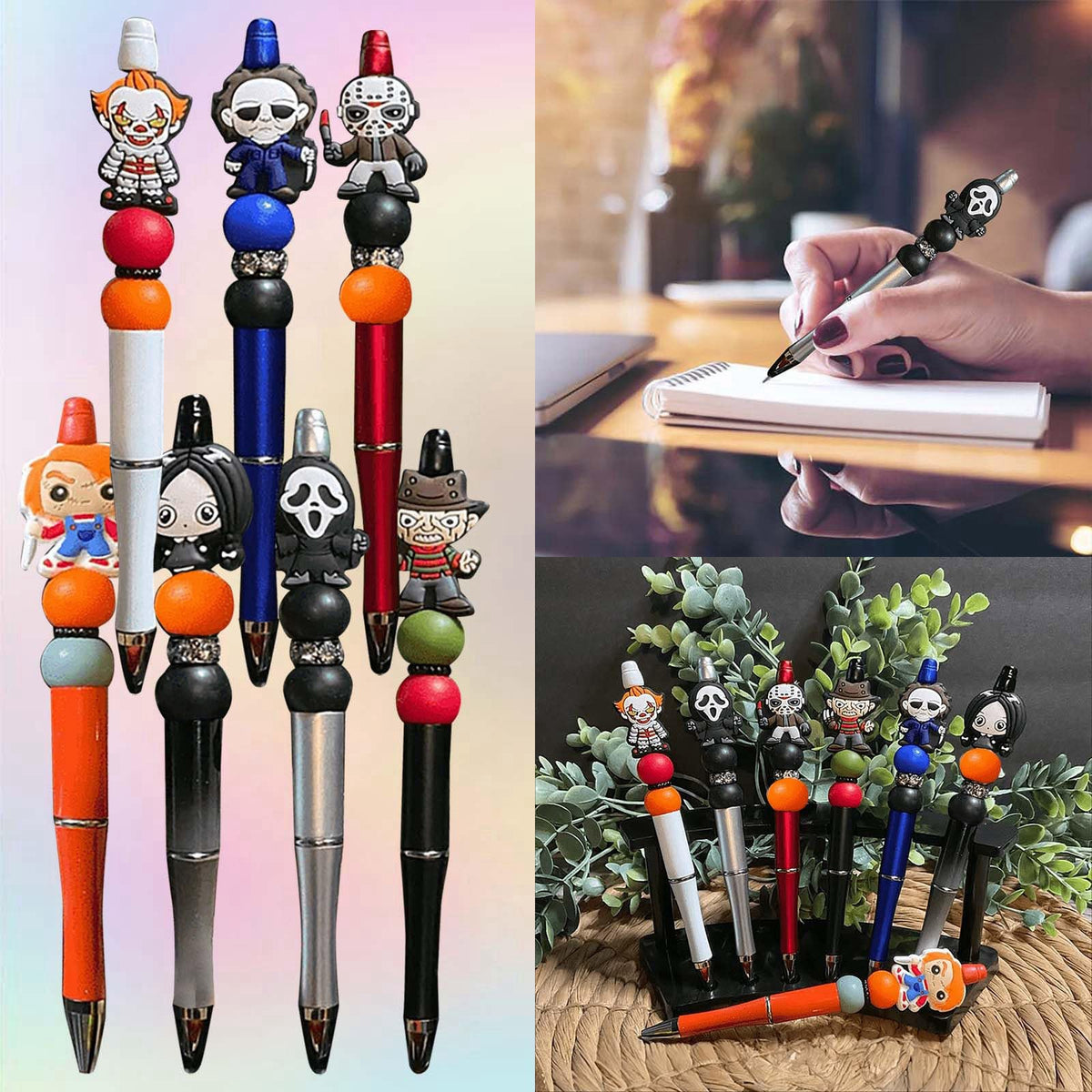 7PCS Horror Beadable Pens Horror Movie Pens Refillable Novelty Ballpoint Pen Set Halloween Spooky Pen Horror School Office Desk Accessories Gift for Adults