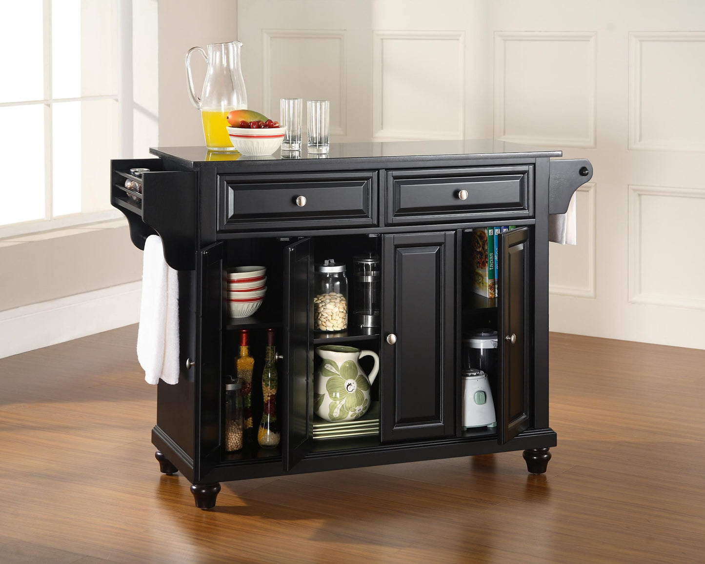 Crosley Furniture Cambridge Granite Top Rolling Kitchen Island Storage Cart, Microwave Stand, Spice Rack, Black