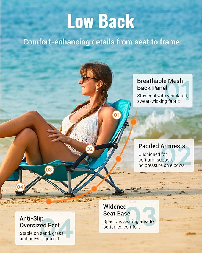 KingCamp Low Beach Chairs, Portable Folding Chair for Adults Extra Wide Ergonomic High Back Seat 300lbs Heavy Duty Lightweight Oversized Gear with Carry Bag for Outdoor Lawn Camping Picnic