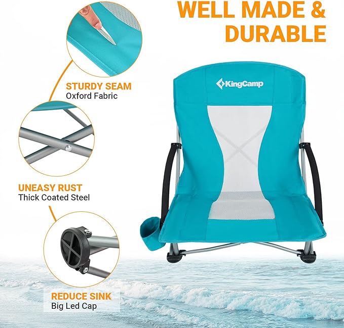 KingCamp Low Beach Chairs, Portable Folding Chair for Adults Extra Wide Ergonomic High Back Seat 300lbs Heavy Duty Lightweight Oversized Gear with Carry Bag for Outdoor Lawn Camping Picnic