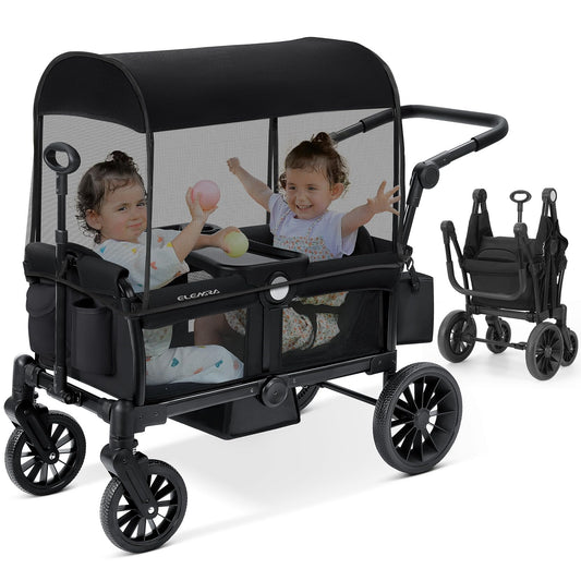 ELEMARA Foldable Wagon Stroller, Stroller Wagon for 2 Kids, Premium All Terrain Wagon for Kids with Removable Canopy, Adjustable Push/Pull Handle, Harnesses, Large Storage Bag, Black