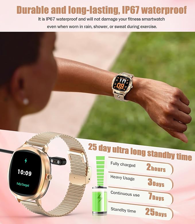 Women's 2pc Band Sports Watch/Smart Watch 1.72" Fitness Tracker with Heart Rate Monitor, 100+ Sports Modes, Sleep Tracking, 7-Day Battery, IP68 Waterproof (Gold)