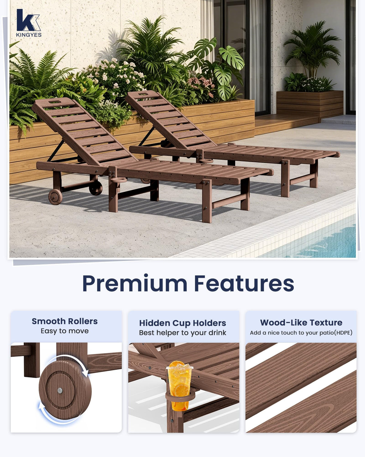 KINGYES Outdoor Armless Chaise Lounge Set of 2, HDPE Pool Lounge Chairs with Cup Holder & Wheels, Patio Lounger Chairs for Poolside, Brown