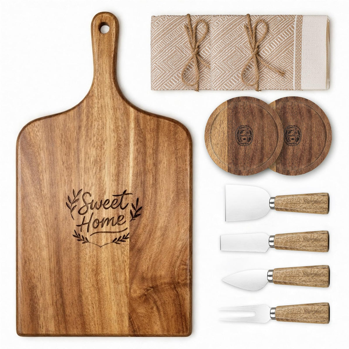 GleeNflux Charcuterie Board Gift Set, 9-Piece Acacia Wood Cheese Board with Knife Set, Elegant Serving Tray with Accessories, Gift Ready for Couples, Housewarming & Wedding
