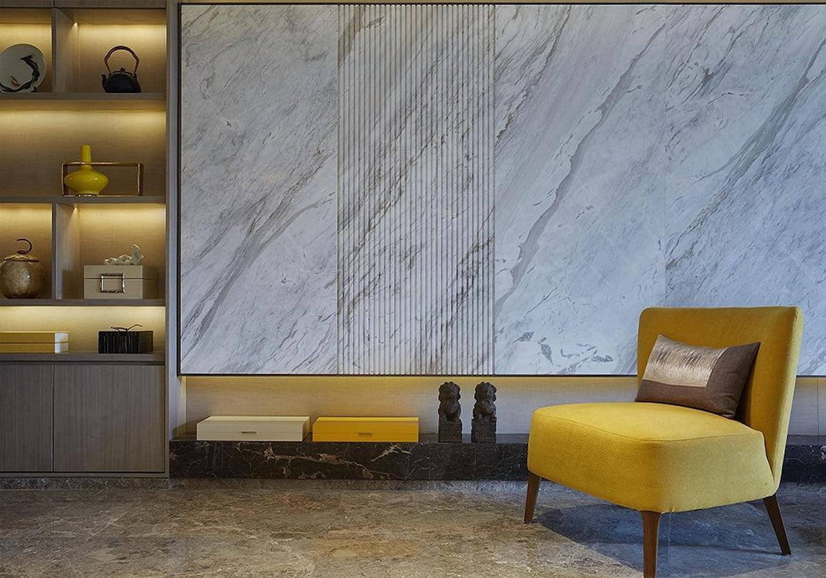 SHDASMIL 6X6ft Luxury Marble Wall Interior Backdrop Yellow Accent Chair Elegant Shelf Background Modern Asian Style