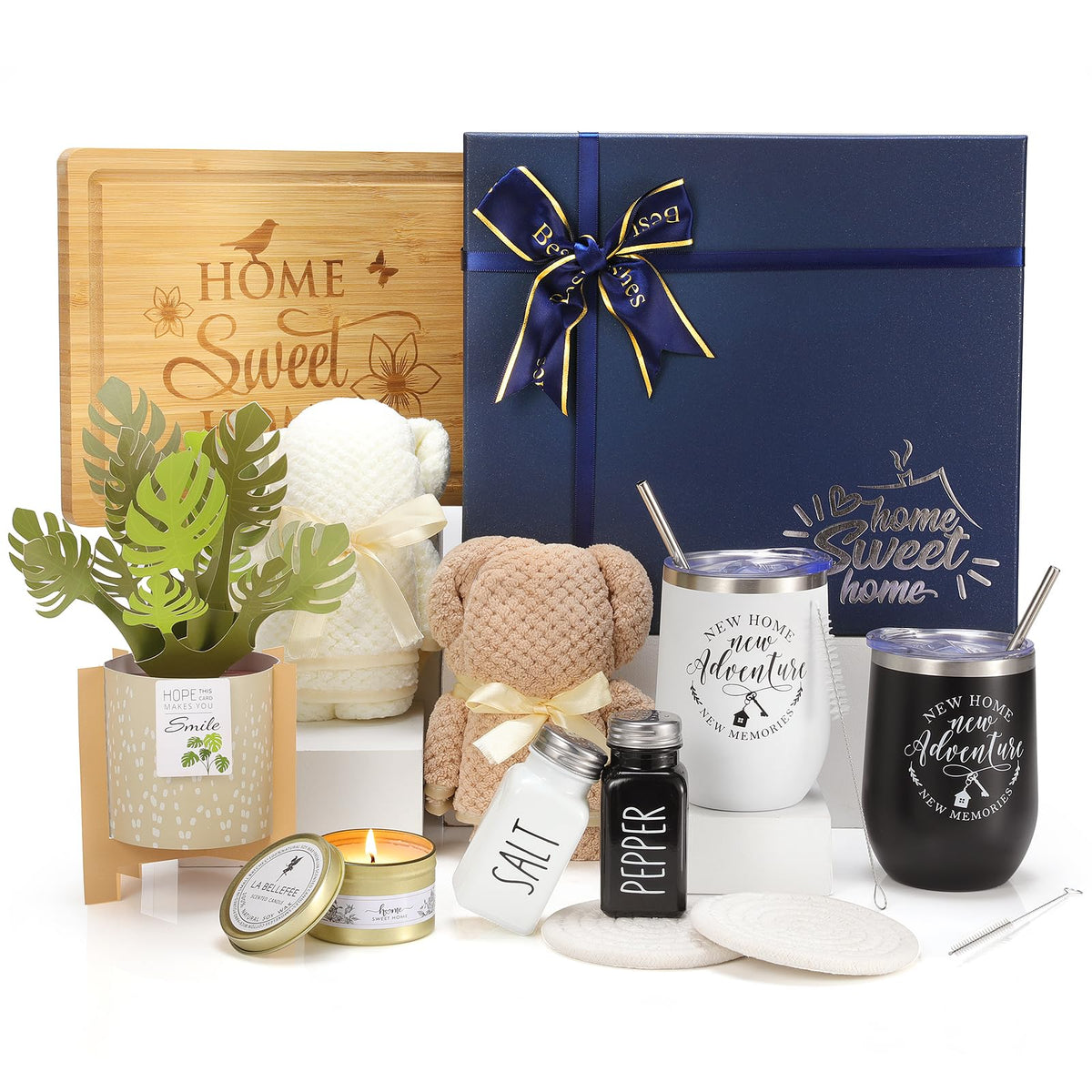 House Warming Gifts New Home, 12 Pcs Housewarming Gifts Basket for New House with Gift Box Packaging, 3D Botanical Greeting Card, Cutting Board for Couple, Closing Gifts for Home Buyers