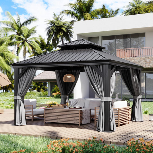 Aoxun 12' X 12' Hardtop Gazebo with Drainage System, Aluminum Outdoor Gazebo with Galvanized Steel Double Roof, Patio Permanent Metal Pavilion with Netting, for Garden, Deck, Backyard, Grey