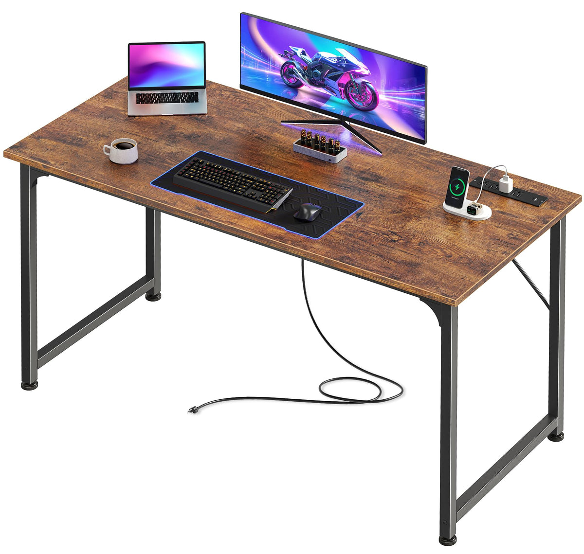 PRAISUN 47 X 20 Inch Office Computer Desk with Power Outlets and USB-C Port, Larger Gaming Desk, for Home Office, Study, Bedroom, Writing Work from Home Table, Metal Frame, Rustic Brown