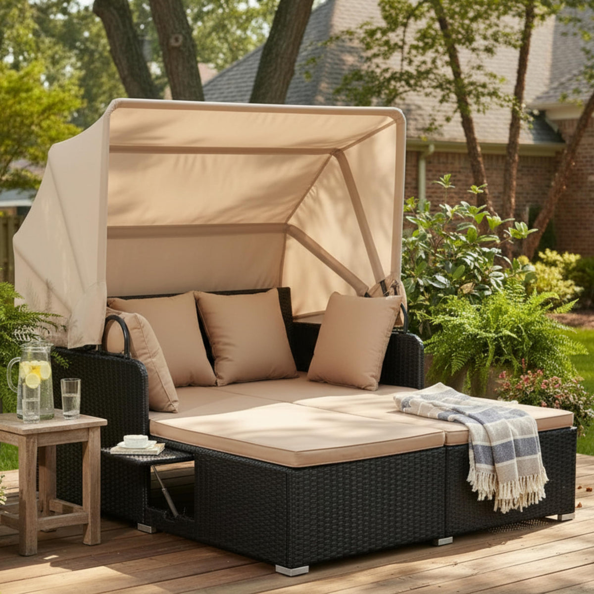 Tangkula Patio Rattan Daybed with Retractable Canopy, Outdoor Wicker Sunbed Lounger with 2 Foldable Side Tables, Thick Seat & Back Cushions, Outside Double Daybed for Garden, Backyard, Porch
