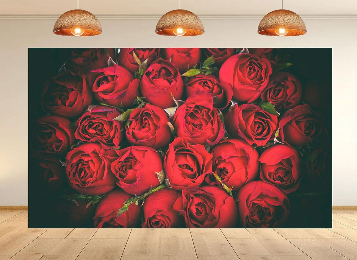 UPXIO 10x10ft Dense Red Roses Bouquet Backdrop Romantic Floral Deep Red Petals Photo Background Tapestry for Wedding