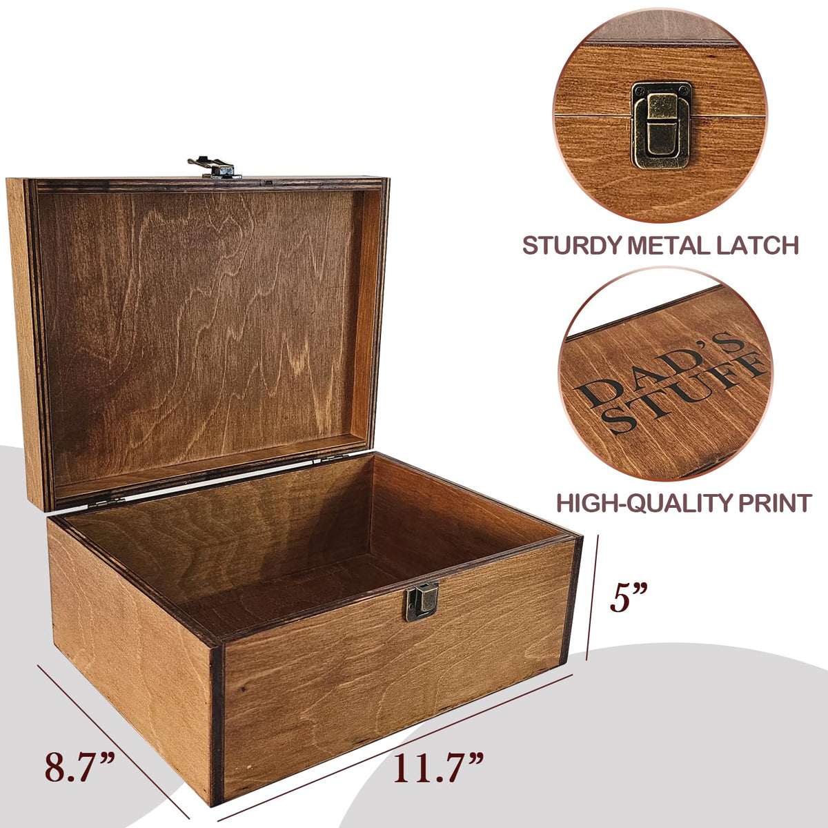BeeGreeny Dad Gifts, Wooden Dad's Stuff Storage Box, Large Rustic Wooden Keepsake Box 11.6" x 8.7" x 5", Engraved Memory Wood Box, Birthday, Father's Day Gift for Dad, Father, Daddy