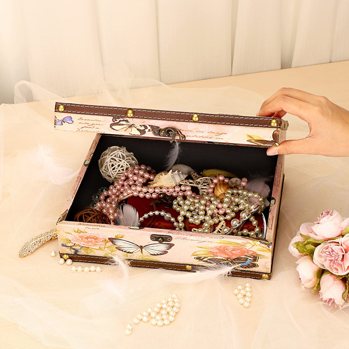 ELLDOO Butterfly Treasure Chest Box, Wooden + PU Leather Storage Decorative Box for Jewelry Trinkets Photos, Rectangular Keepsakes box for Girls Women Gifts