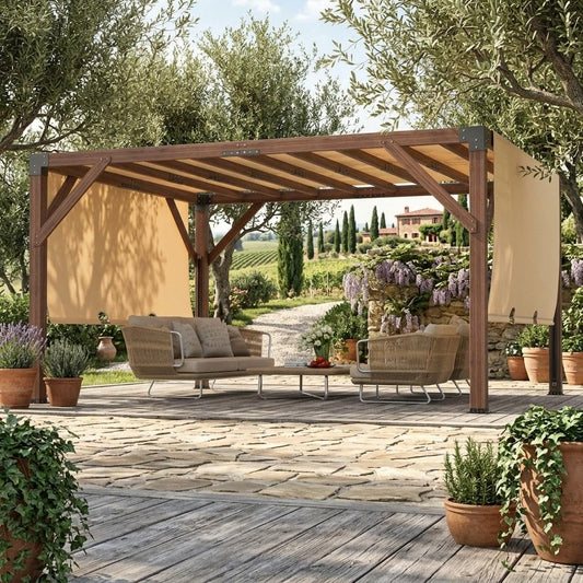 Garvee 12' x 14' Cedar Wood Pergola with Retractable Canopy, Outdoor Patio Shade Structure with Dual-Layer Oxford Fabric, for Backyard, Deck, Garden