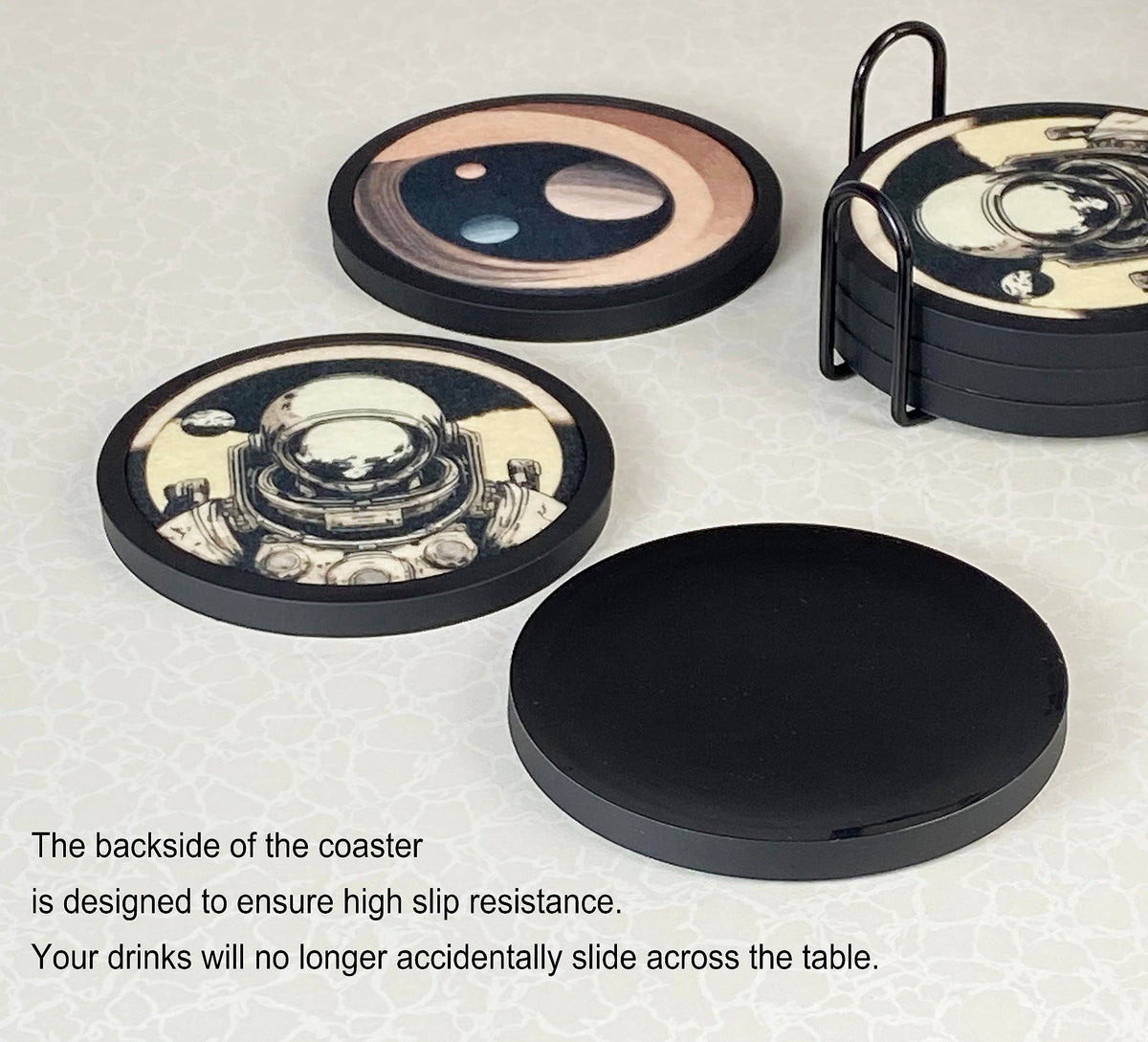 Absorbent Coasters for Drinks with Holder - 6packs, Silicone Coaster with Soft Felt Insert (4.3 inch Coasters with 4.5 inch Holder, Dual-Sided Space -Themed Patterns)