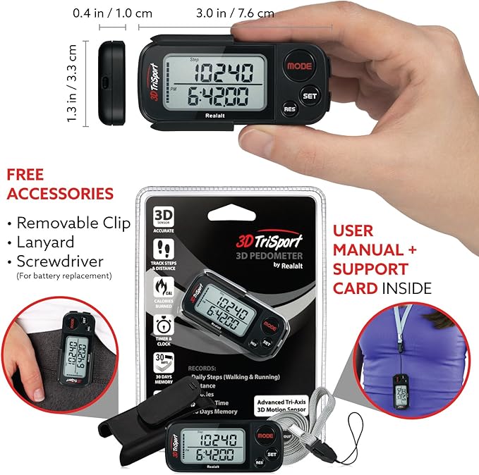 3DTriSport Walking 3D Pedometer with Clip & Strap, eBook Included | 30 Days Memory, Accurate Step Counter, Walking Distance Miles/Km, Calorie Counter, Daily Exercise Time Monitor