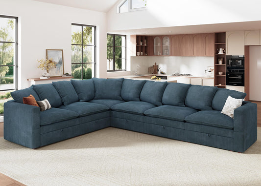 HONBAY Modular Sectional Sofa, 6 Seaters Corduroy Sectional Couch, L Shaped Couch with Storage & Pillows, Blue