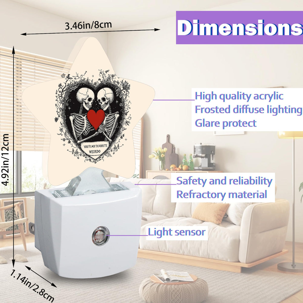 Snowmolle Gothic Skeleton Night Lights Plug Into Wall Decorative,Red Heart Sleep Friendly Lamp, Energy Efficient Dusk-to-Dawn Sensor Nightlights for Kid Bedroom Nursery Bathroom