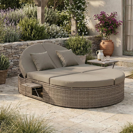 SoarFlash Outdoor Sun Bed Patio 2-Person Daybed, Rattan Sun Day Sofa Bed Reclining Lounger with Adjustable Backrests, Foldable Cup Trays for Lawn Poolside Deck Backyard (Grey)