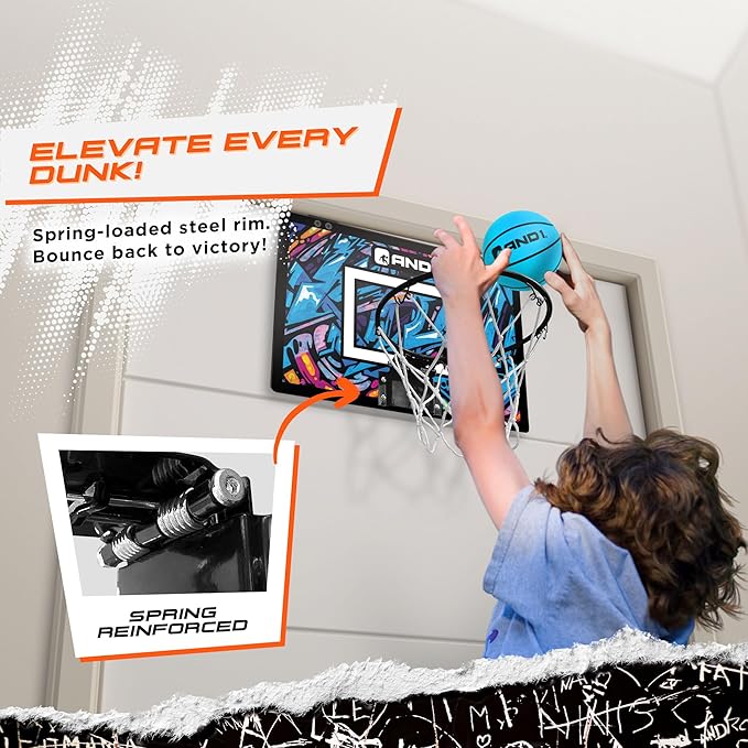 AND1 Over the Door Mini Basketball Hoop: 18x12 Shatterproof Backboard, 2 Mini Basketballs, and Hand Pump Included- Ultimate Indoor Basketball Accessory for Kids and Adults, No Tools Required