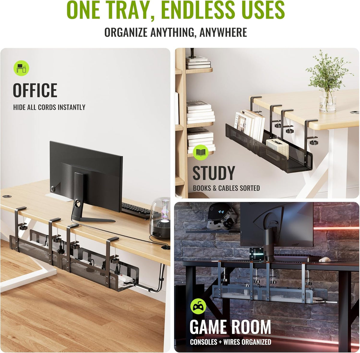 Xpatee 2 Pack 27.6" 3" [Upgraded] Cable Management Under Desk Tray, No Drill Open Slots Cable Management Tray, Cord
