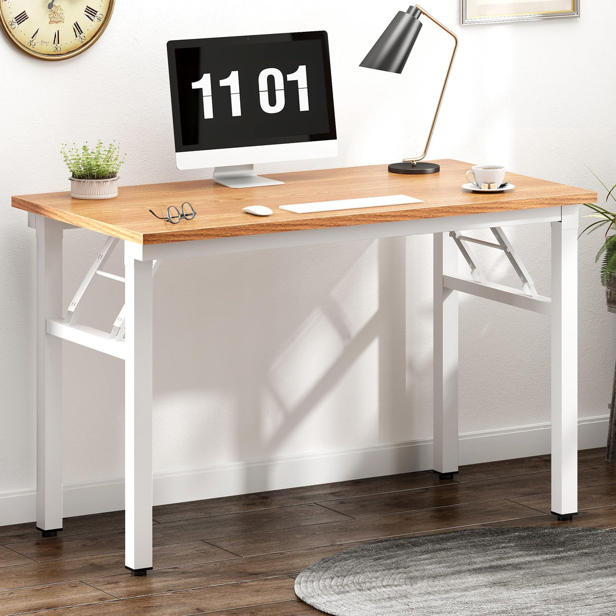 Need Folding Computer Desk - 39.4 Inch Foldable Office Writing Work Study Kids Student Teacher Home Bedroom Table for Small Space, Teak & White