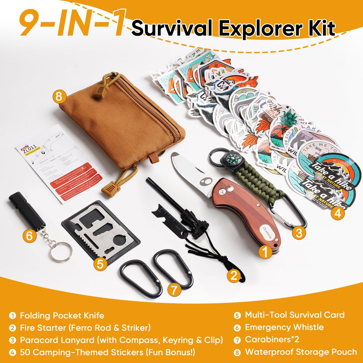 Kids Pocket Knife with Camping Survival Kit, Whistle, Fire Starter, Compass, Carabiners and Carrying Case, Easy Close Safety Lock on Knife. Outdoor Exploration Set for Kids