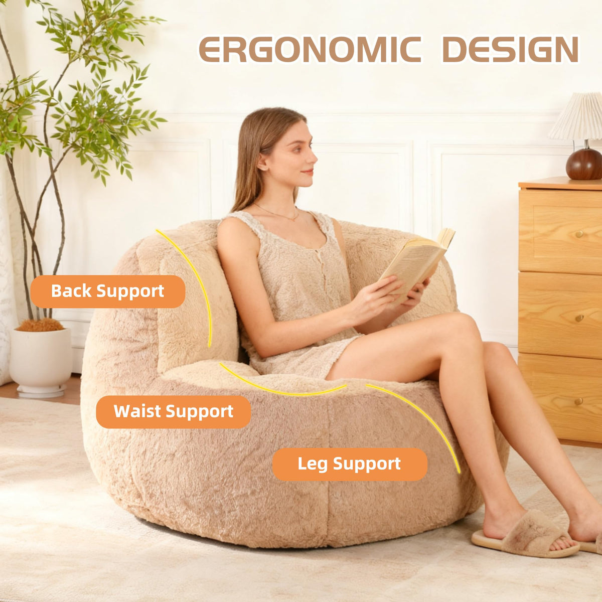 Amacv Oversized Bean Bag Chairs,Multicolor Faux Fur Couch Filled with Shredded Sponge,Large Lounger Sofa for Living Room,No Assembly Required,Brown+Camel