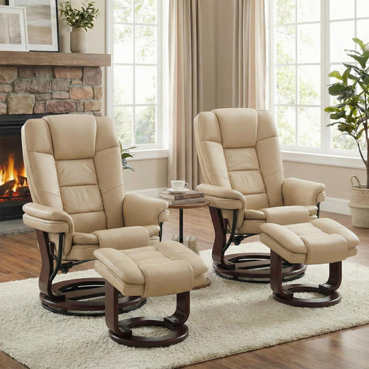 Argus Swivel Recliner with Ottoman, PU Leather & Wood Base Reclining Chair with Footrest, Ultra-Plush Double Foam for Living Room, Bedroom and Office, Set of 2