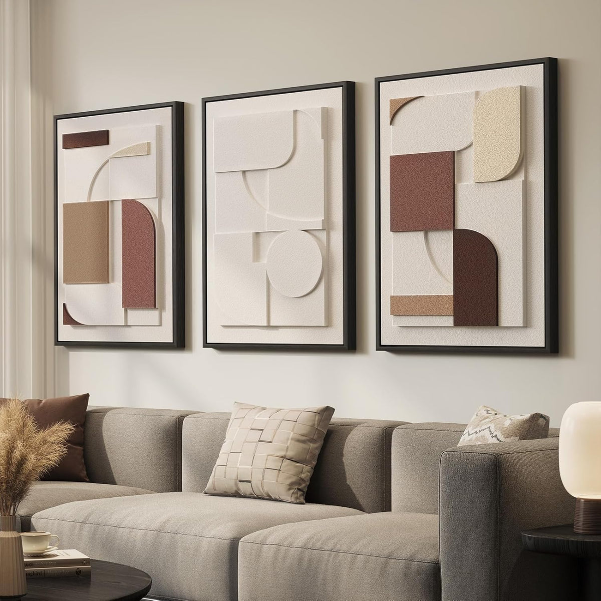 Skiennix 3D Textured Framed Wall Art - Beige Brown Geometric Paintings | Modern Minimalist 20x30 In