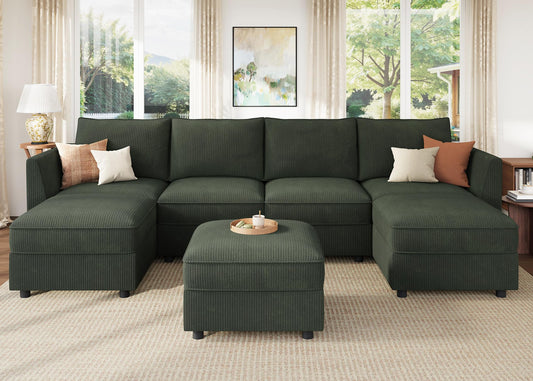HONBAY Modular Sofa U Shaped Sectional Couch with Storage, Convertible Modular Sofa 7 Seats Sectional for Living Room - Green