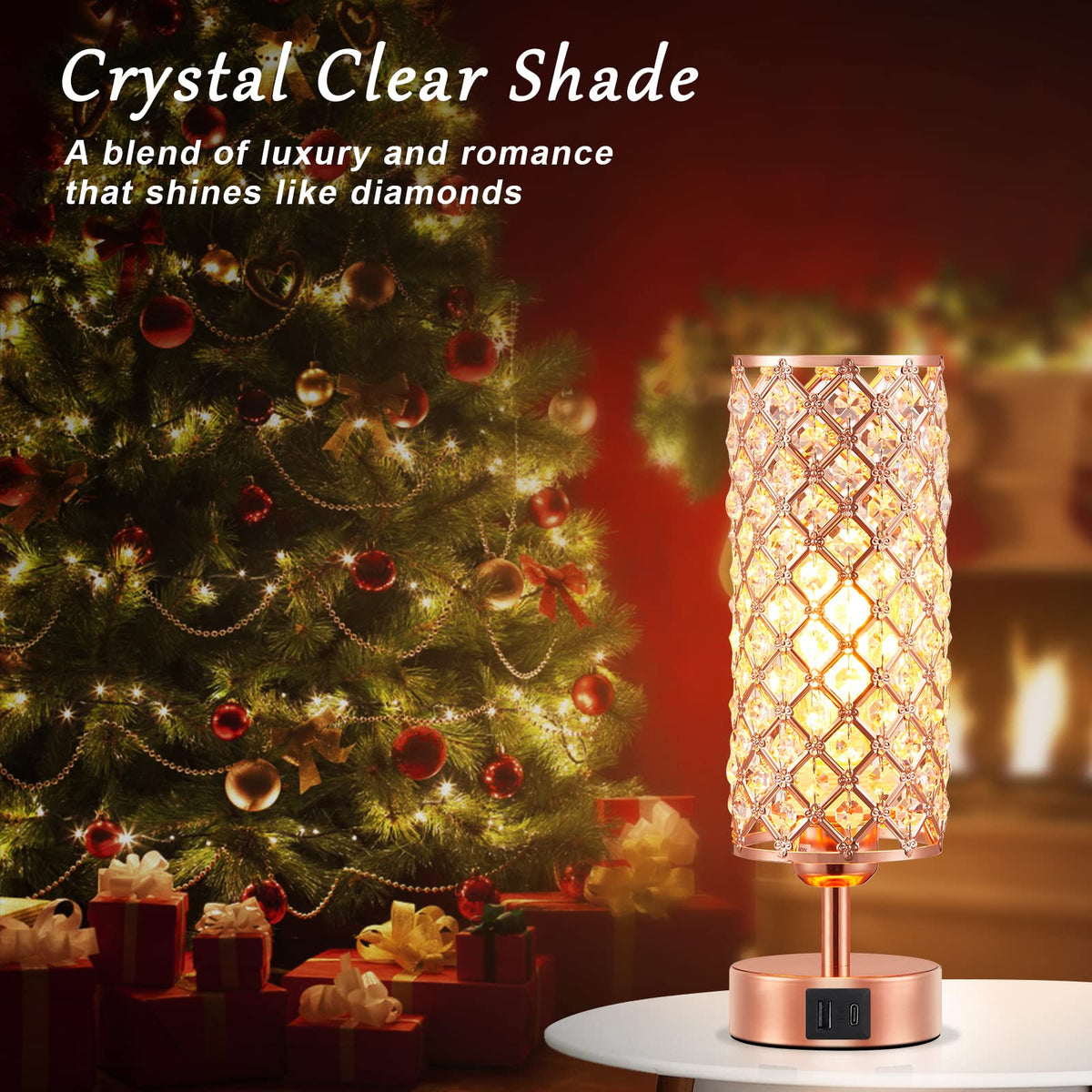 Hong-in Crystal Table Lamp - 3-Way Dimmable Touch Control, Rose Gold Bedside Lamp with USB C and A Ports, Nightstand Light for Living Room, Bedroom, Home Office (Bulb Included)