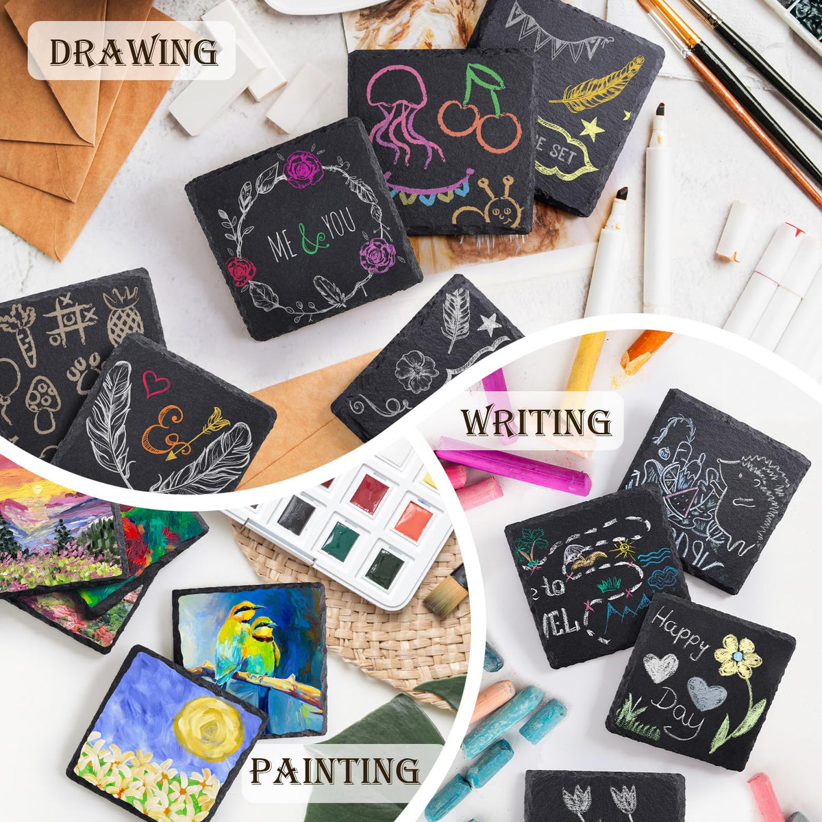 72 Pieces Slate Drink Coasters, GOH DODD 4 Inch Black Coasters Stone Coaster Set, Laser Engraving Blanks with Anti-Scratch Bottom for Home Office Bar Outdoor Housewarming Gifts Wedding Party, Square