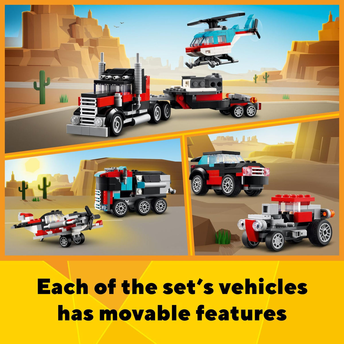 LEGO Creator 3 in 1 Flatbed Truck with Helicopter Toy, Transforms from Flatbed Truck Toy to Propeller Plane to Hot Rod and SUV Cars, Gift Idea for Boys and Girls Ages 7 Years Old and Up, 31146
