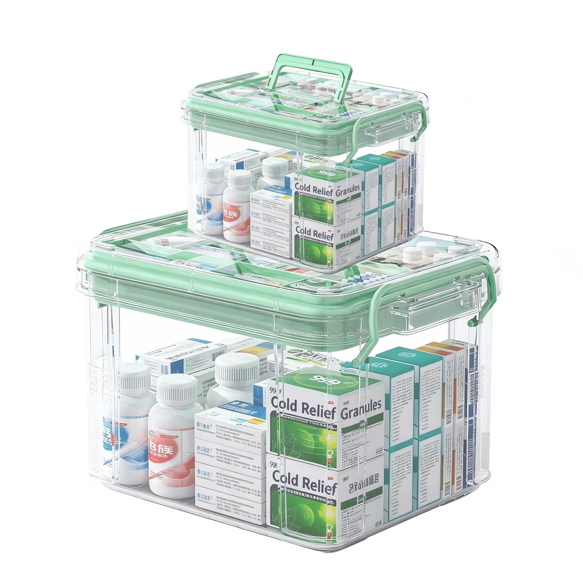 UFI Clear Medicine Storage Box with Lids, 2 Pack Portable First Aid Organizer with Handle, Stackable Storage Containers for Family Medical Supplies, Bathroom, Bedroom, Office(GREEN)