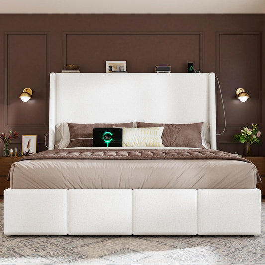 LARMACE Queen Size Bed Frame 54.2" Extra Tall Wingback Headboard, Lambswool Upholstered Platform Bed Frame with Legs Featuring Built-in Charging Ports, Wood Slats, No Box Spring Needed, White