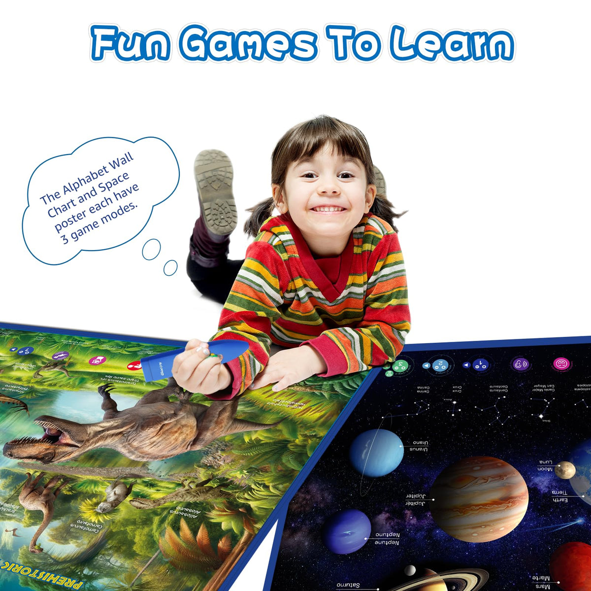 Bilingual Interactive for Kids Talking Dinosaur Space Poster for Kids Learning and Educational Toys,Talking Educational Dinosaur Toy for Ages 3 to 12 Years Old,Space Theme Wall Decor for Preschool