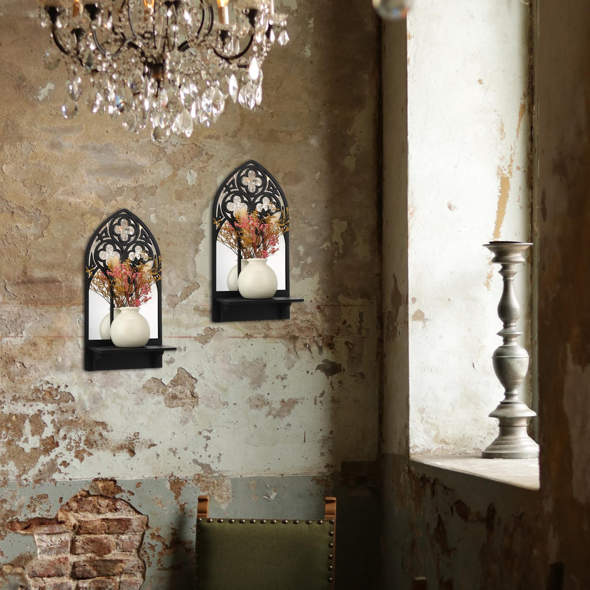 Ovveroche 2 Set Gothic Candle Sconces Wall Decor, Arch Cathedral Frame Gothic Wall Sconce Candle Holder for Bedroom, Bathroom, Dining Room, Living Room, Black