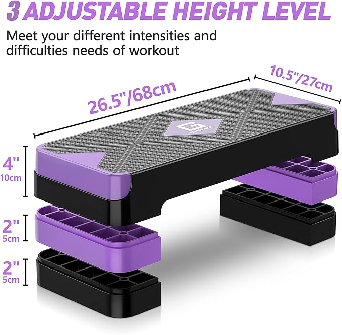 Aerobic Exercise Step, Adjustable Aerobic Stepper for Exercise, Workout Step Platform for Step Up, 26.5" Step Deck with 4??6??8??Adjustable Height Risers, Women Home Gym Cardio Fitness