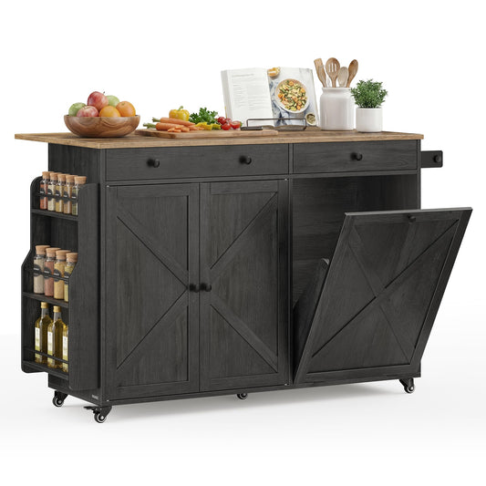 VASAGLE Mobile Kitchen Island with Trash Can Storage, Drop Leaf, Portable Island with Spice Rack, Mobile Cart with Storage Cabinet, for Dining Room, Ink Black and Honey Brown UKKI014BJ01S