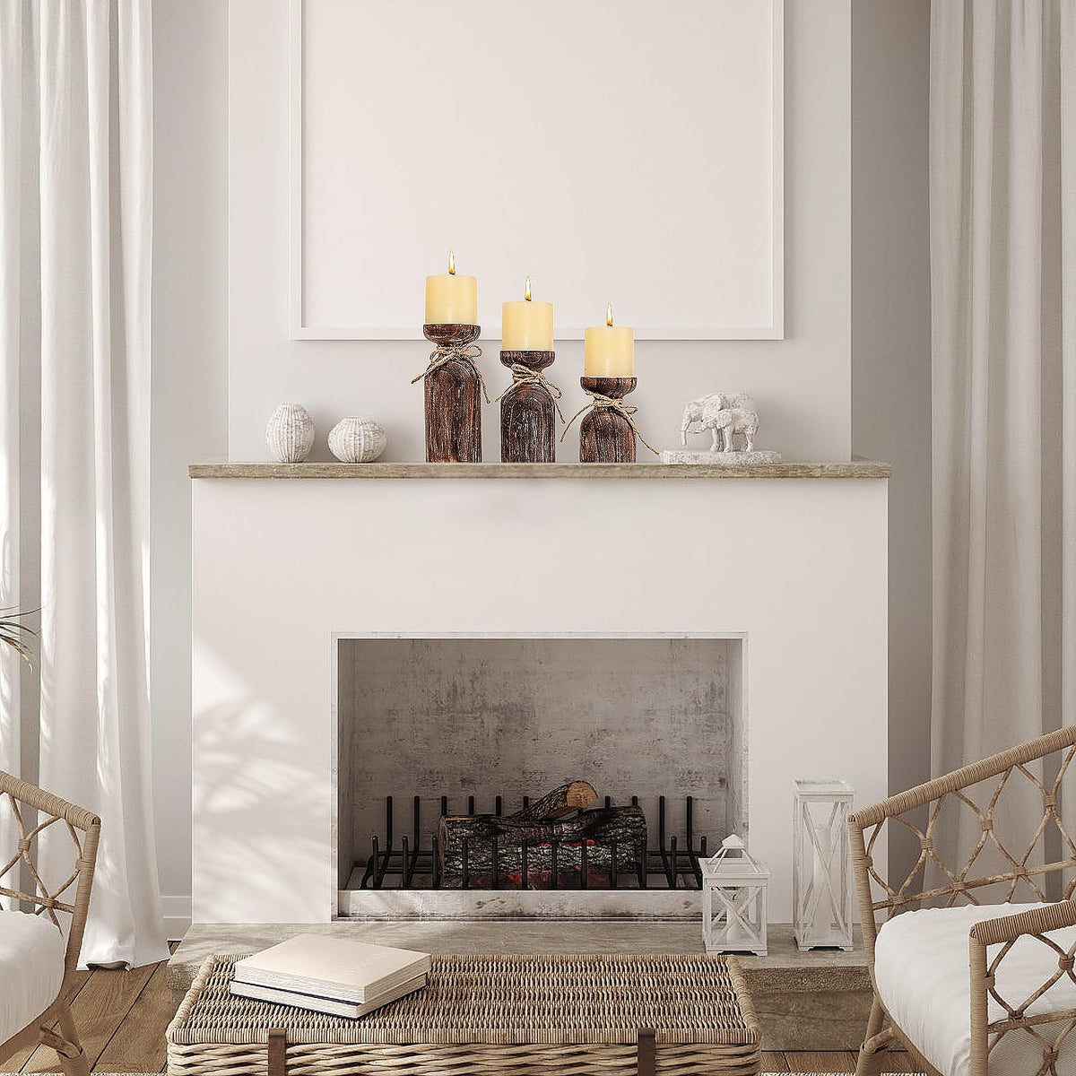 Farmhouse Wooden Candle Holders for Pillar Candles, Brown Distressed Set of 3 Rustic Wood Pillar Wood Candle Stands with Hemp Rope Bow Table Centerpiece Decor for Fireplace, Living, and Dining Room
