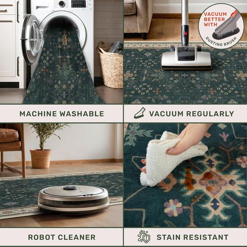 Hazo Haus Dark Green Oushak Area Rug - Modern Vintage Boho Floral Design, 10x14 Washable Non-Slip Extra Large Rug
