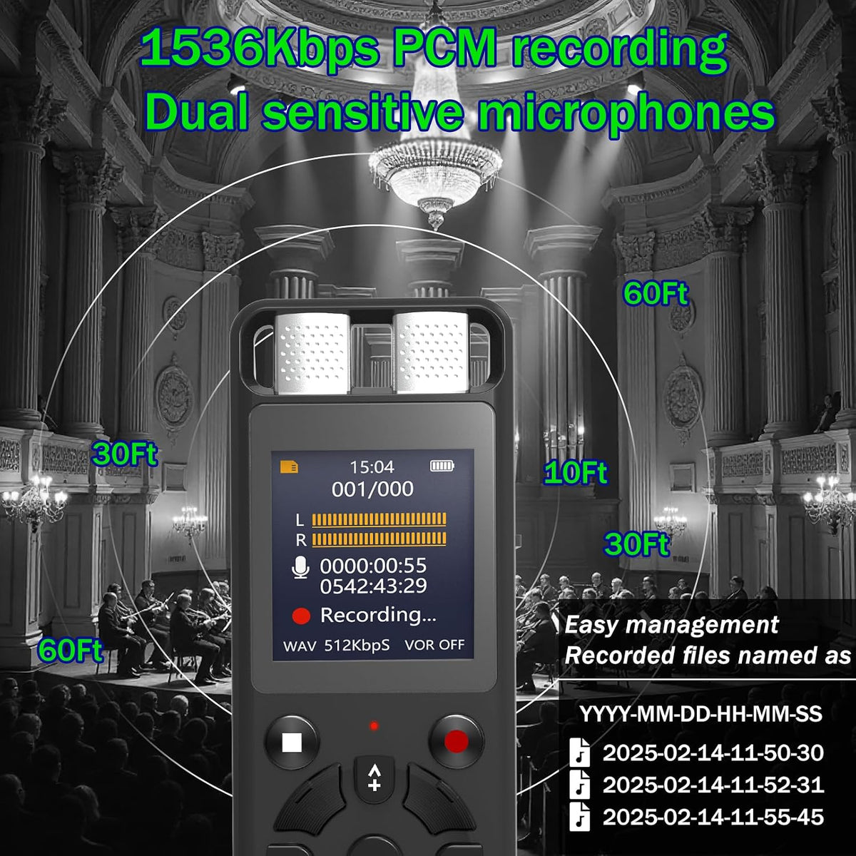 Aiworth 64GB OTG,4640 Playback,MP3 Digital Voice Activated Recorder for Lectures&Meetings,Phone Connected via Hours
