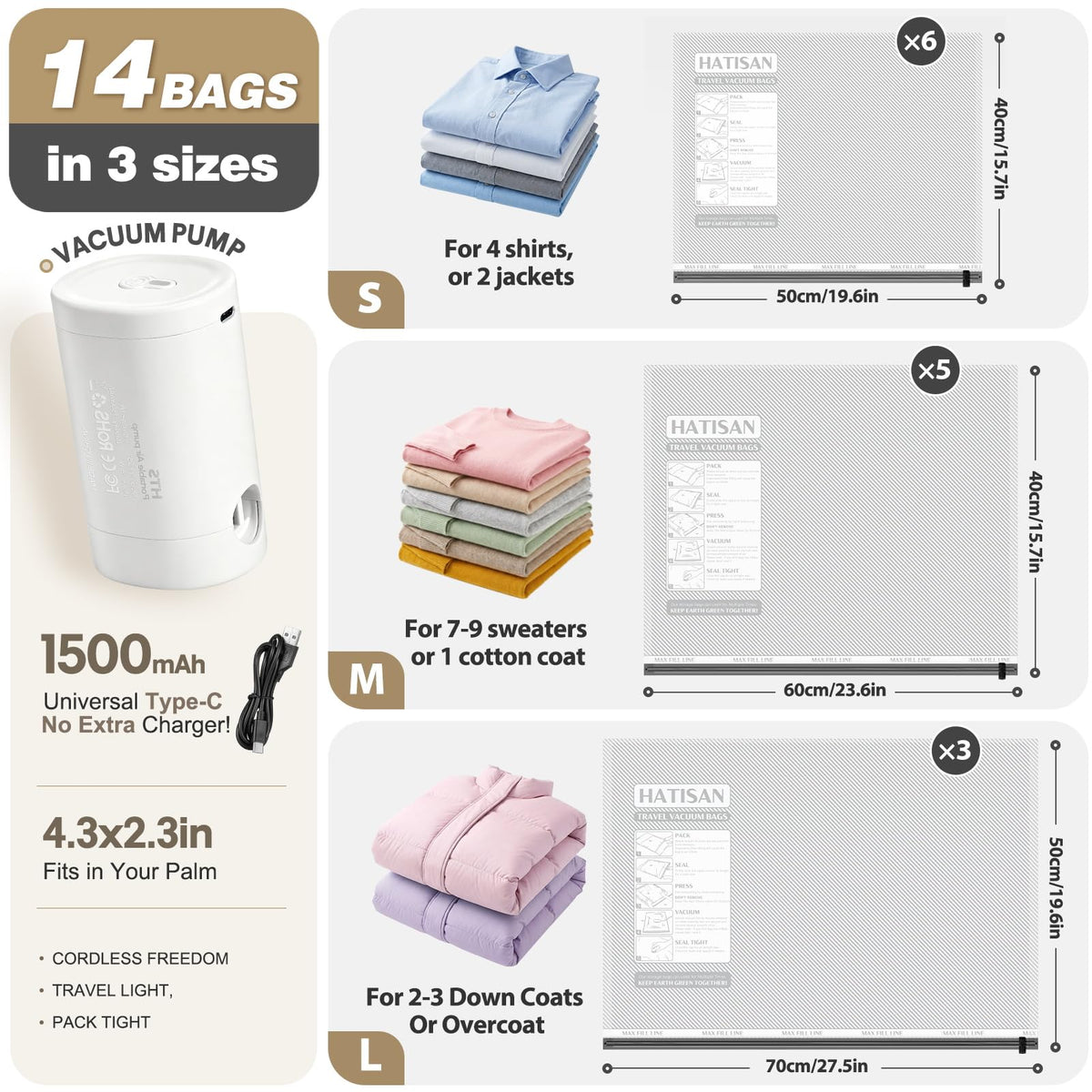 Vacuum Seal Bags for Clothing Travel with Rechargeable Electric Pump, Space Saver Vacuum Storage Bags Travel, Reusable Compression Bags for Luggage Home (14pcs Stripes)