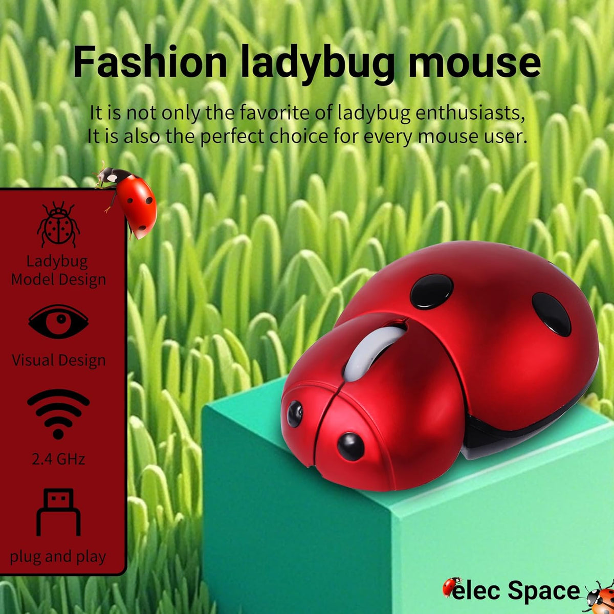 elec Space Wireless Mouse for Laptop & Kids, Cute Ladybug Shape Ergonomic Mouse with Case, Cordless for Laptop, PC, Mac