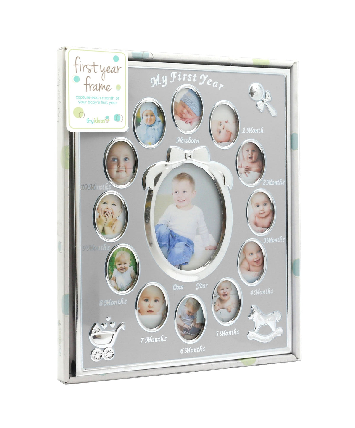 Tiny Ideas Baby’s My First Year Picture Frame, Monthly Milestone Photo Collage, 12 Month Baby Keepsake, Nursery Wall Decor and Baby Gift, Silver